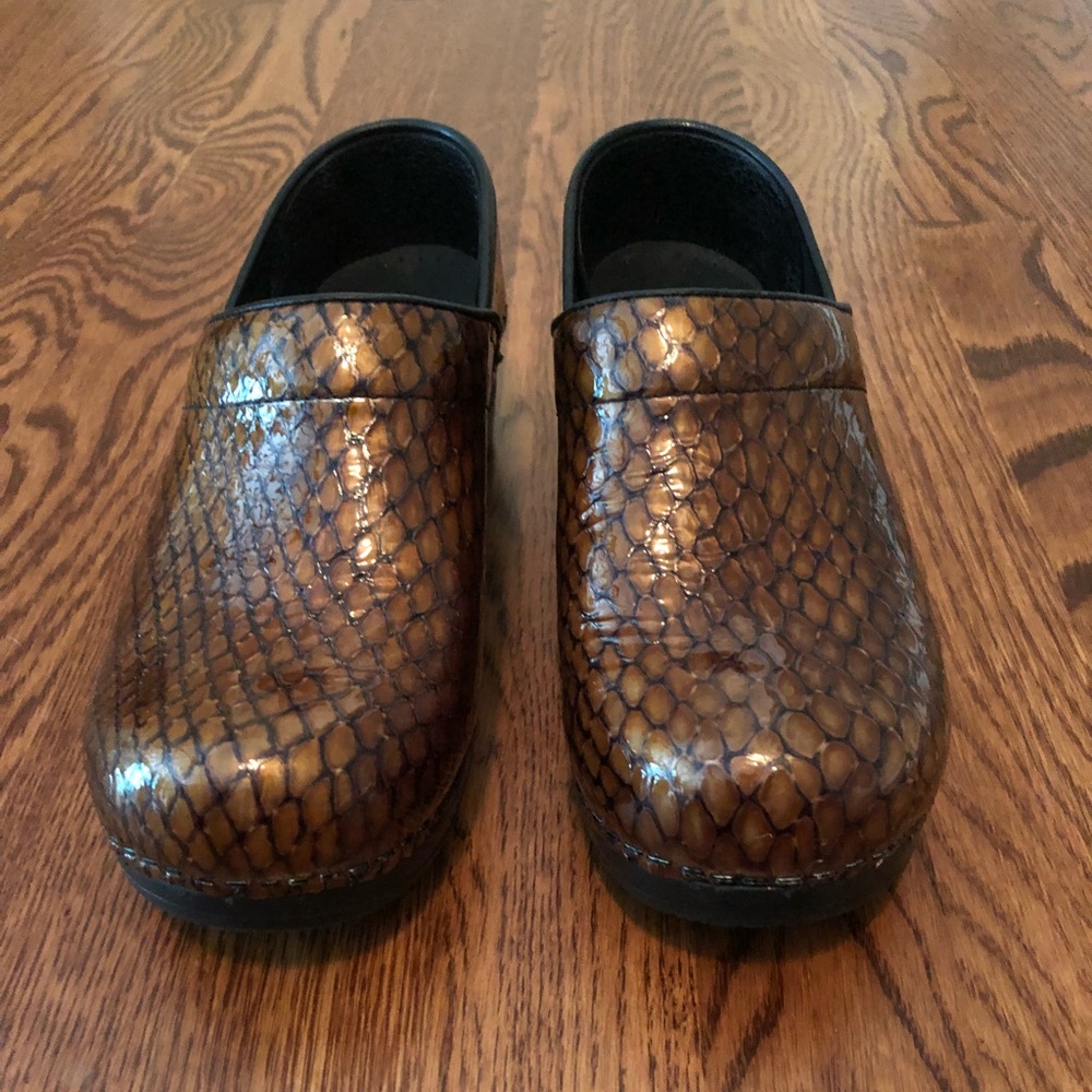 Dansko Brown Patent Snakeskin Clog